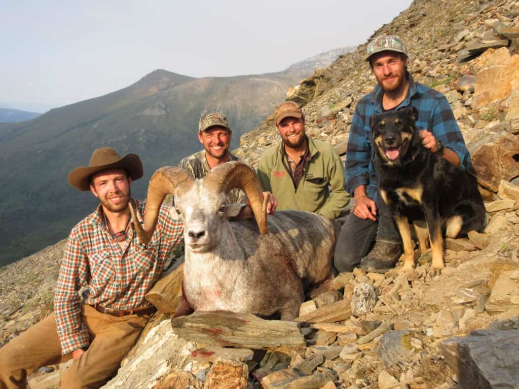 Hunting group with mountain goat and dogs on rocky terrain, scenic mountain background, outdoor adventure.